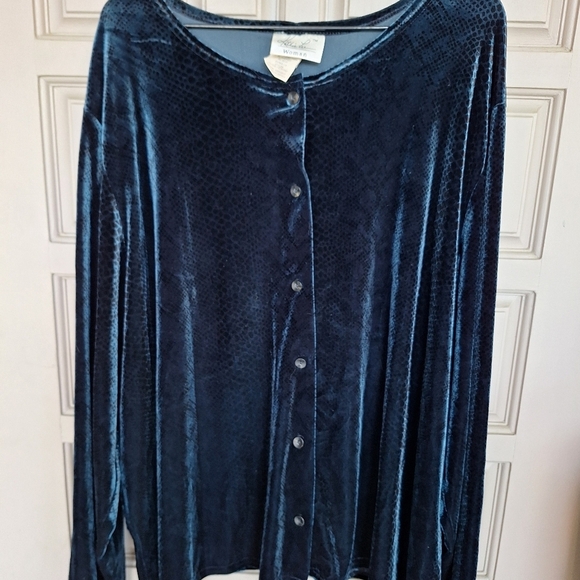 Kathi Lee Blouse Button Front DkBlu Velour PlusSz 26W-28W Long Sleeves See Tags - Picture 2 of 11